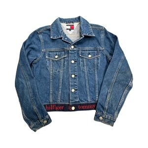 Tommy Hilfiger Jacket Women L Blue Denim Trucker Logo Hem Vintage 90s Streetwear